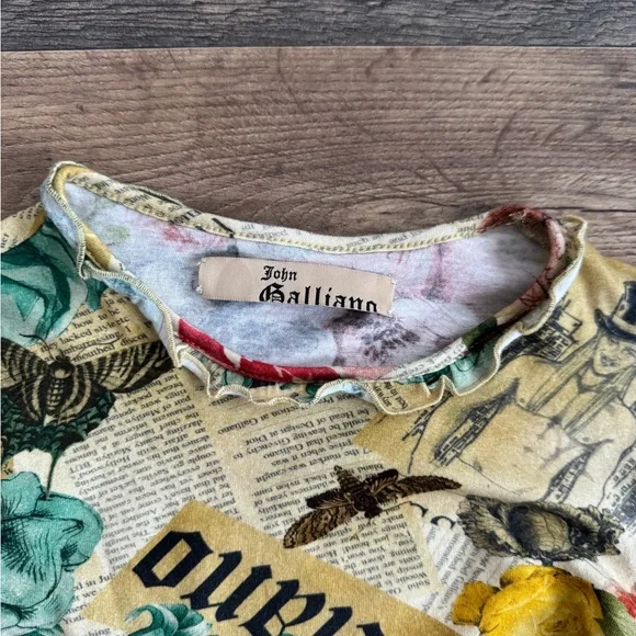 Vintage John Galliano Multicolor Newspaper Floral Print Top - Picture 2 of 5